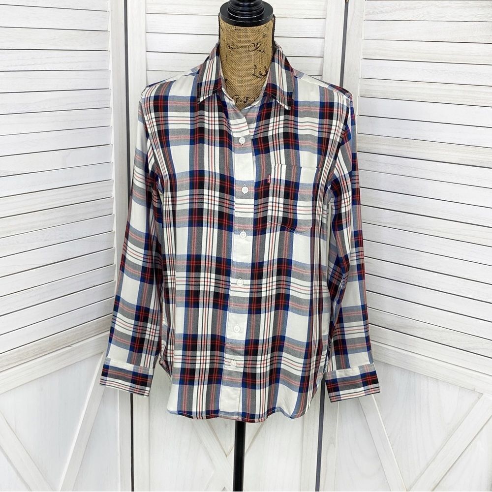 Levi's Tartan Plaid Boyfriend Fit Button Front Shirt White Red XS